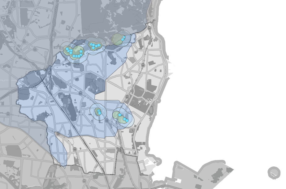 Kort over Områder med Særlige Drikkevandsinteresser (OSD), 300 m-zone og Boringsnære Beskyttelsesområder (BNBO).