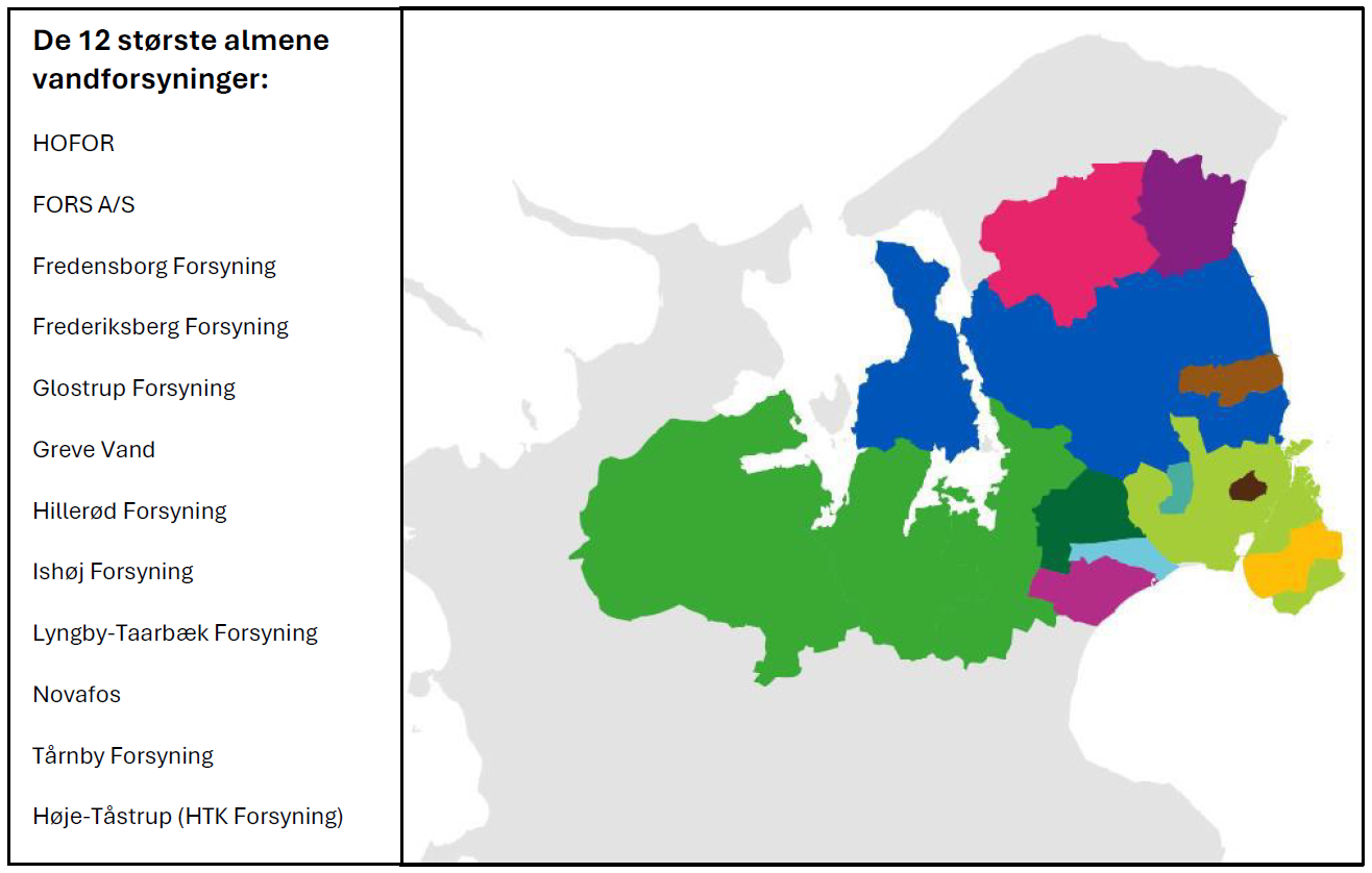 Figuren viser det samlede område af 28 kommuner, hvis vandforsyning samlet dækkes af 12 større almene vandforsyninger, herunder Novafos. Figuren lister de 12 største almene vandforsyninger: HOFOR, FORS A/S, Fredensborg Forsyning, Frederiksberg Forsyning, Glostrup Forsyning, Greve Vand, Hillerød Forsyning, Ishøj Forsyning, Lyngby-Taarbæk Forsyning, Novafos, Tårnby Forsyning og Høje-Tåstrup (HTK Forsyning).