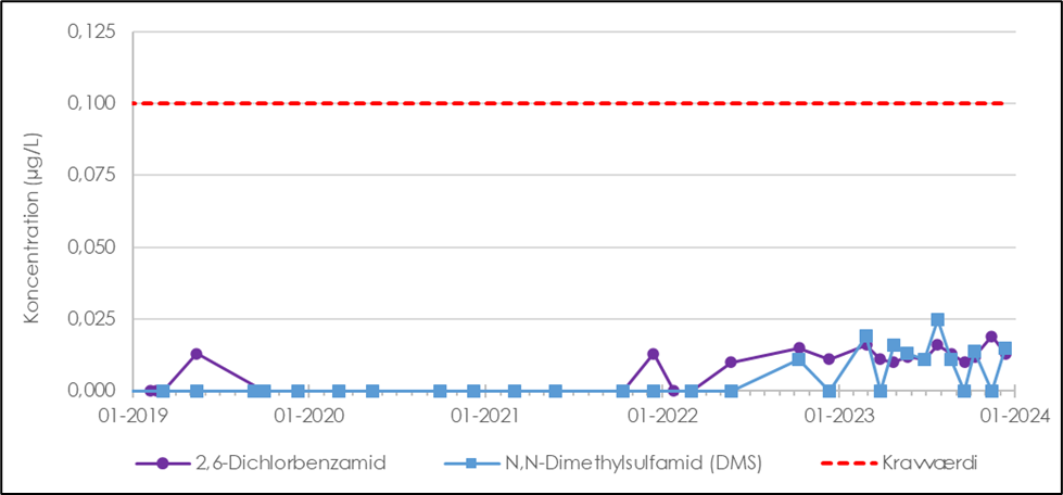 Indhold af stofferne BAM (2,6-Dichlorbenzamid) og DMS (N,N-Dichlorbenzamid) i drikkevandet fra Sjælsø Vandværk i perioden 2019-2024. Det fremgår af figuren, at koncentrationerne ligger under kravværdien.